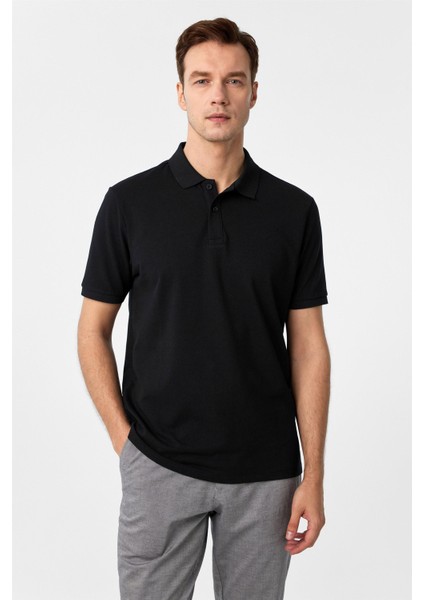 Siyah Regular Armürlü Polo Yaka Tişört