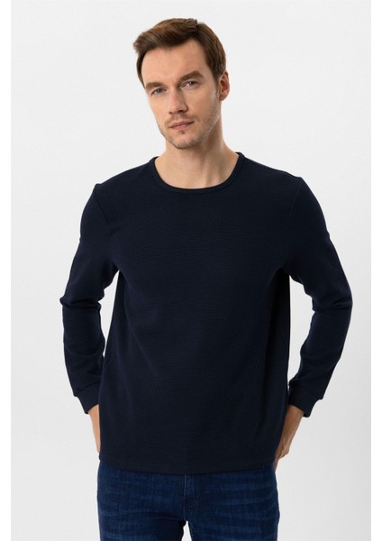 Lacivert Slim Fit Armürlü Bisiklet Yaka Triko Kazak