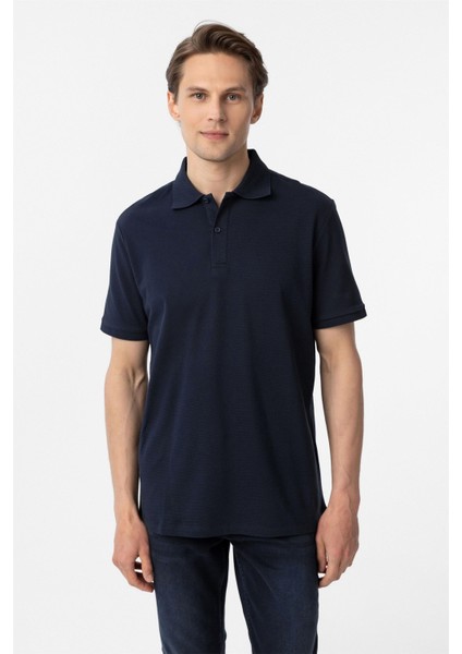 Lacivert Regular Armürlü Polo Yaka Tişört
