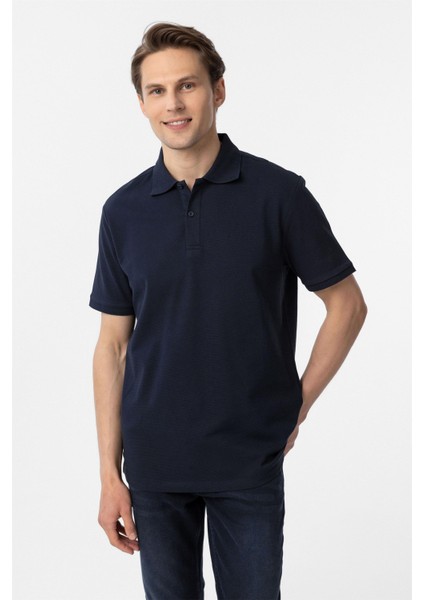 Lacivert Regular Armürlü Polo Yaka Tişört