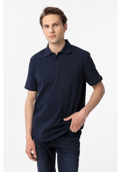 Lacivert Regular Armürlü Polo Yaka Tişört