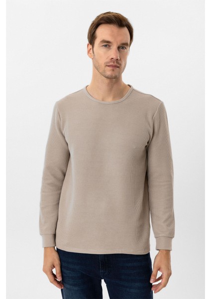 Bej Slim Fit Armürlü Bisiklet Yaka Triko Kazak