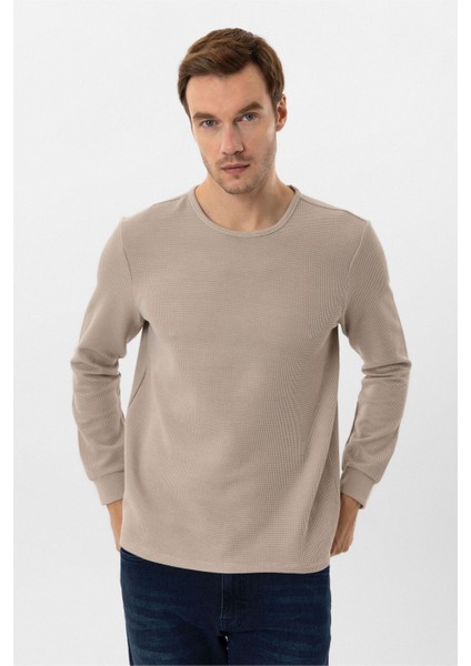 Bej Slim Fit Armürlü Bisiklet Yaka Triko Kazak fiyatları