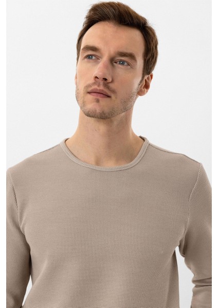 Bej Slim Fit Armürlü Bisiklet Yaka Triko Kazak fırsatları