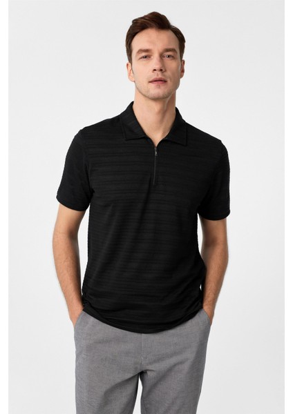 Siyah Slim Fitilli Polo Yaka Tişört