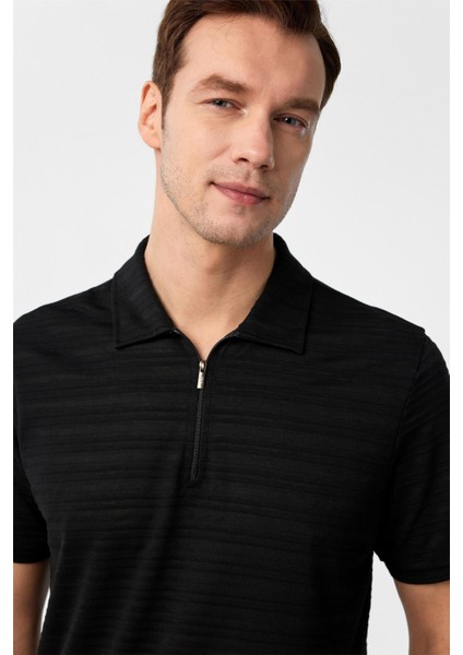 Siyah Slim Fitilli Polo Yaka Tişört
