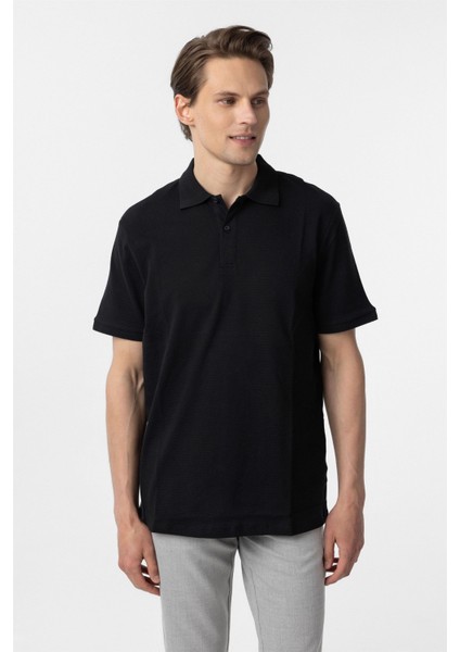 Siyah Regular Armürlü Polo Yaka Tişört