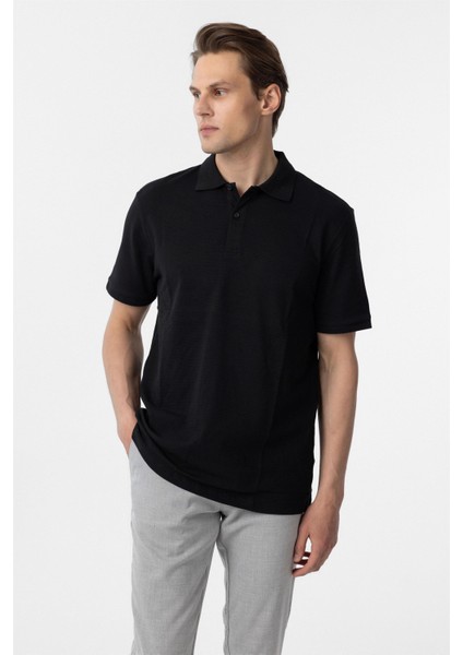 Siyah Regular Armürlü Polo Yaka Tişört