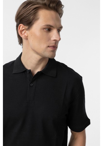 Siyah Regular Armürlü Polo Yaka Tişört