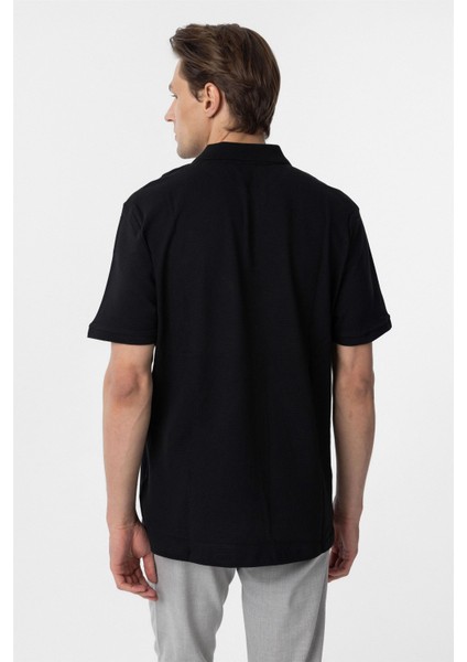 Siyah Regular Armürlü Polo Yaka Tişört