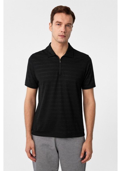 Siyah Slim Fitilli Polo Yaka Tişört