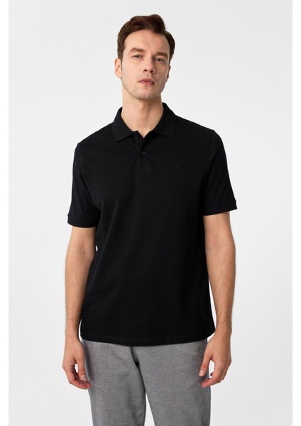 Siyah Regular Düz Polo Yaka Tişört