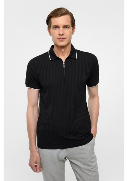Siyah Slim Fitilli Polo Yaka Tişört