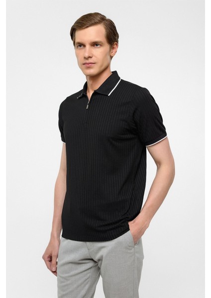Siyah Slim Fitilli Polo Yaka Tişört