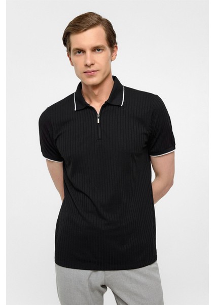 Siyah Slim Fitilli Polo Yaka Tişört