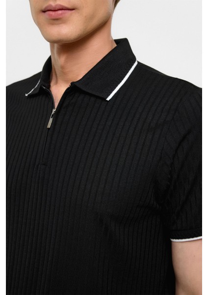 Siyah Slim Fitilli Polo Yaka Tişört