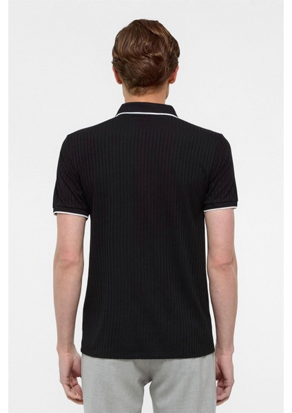 Siyah Slim Fitilli Polo Yaka Tişört