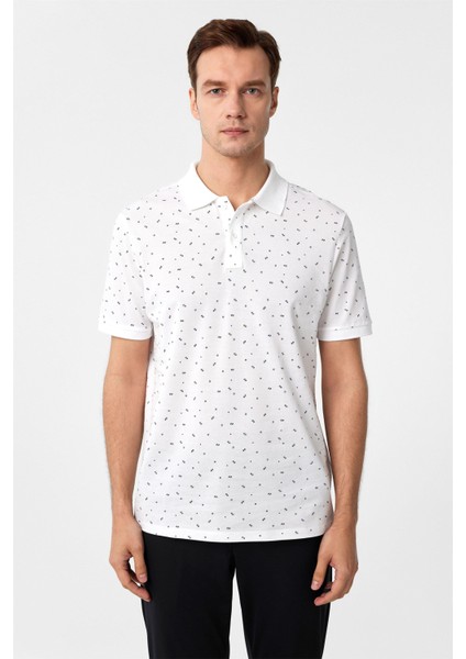 Beyaz Regular Baskılı Polo Yaka Tişört