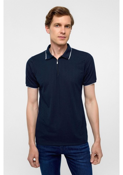 Lacivert Slim Fitilli Polo Yaka Tişört