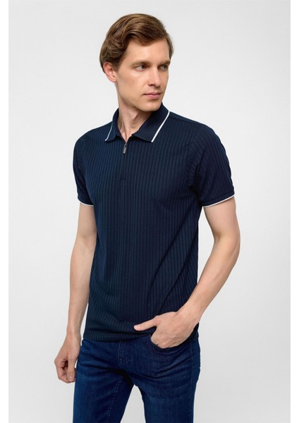 Lacivert Slim Fitilli Polo Yaka Tişört