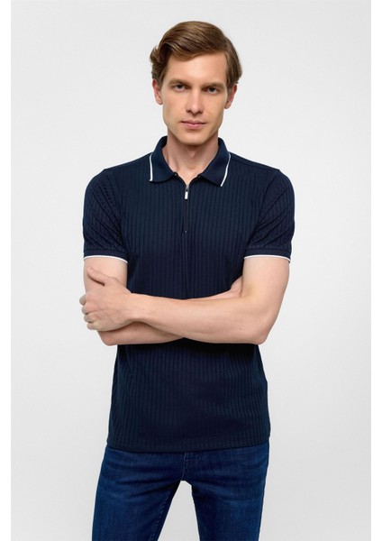 Lacivert Slim Fitilli Polo Yaka Tişört