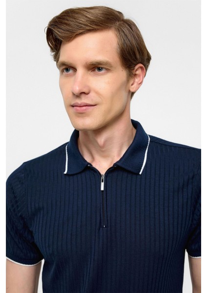 Lacivert Slim Fitilli Polo Yaka Tişört