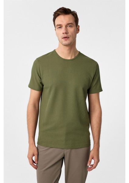 Haki Slim Fit Armürlü Bisiklet Yaka Tişört