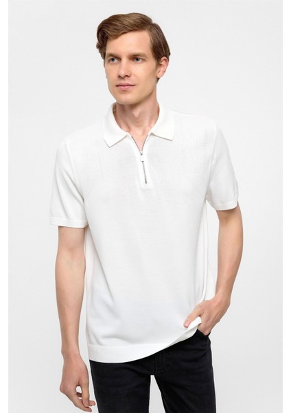 Beyaz Regular Düz Polo Yaka Triko Tşört