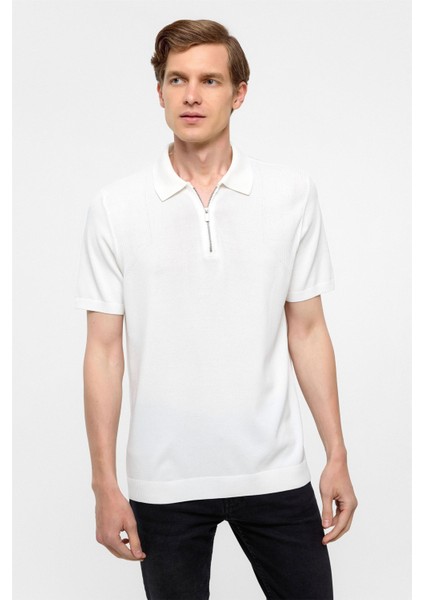 Beyaz Regular Düz Polo Yaka Triko Tşört