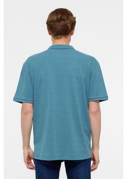 Saks Mavi Regular Armürlü Polo Yaka Tişört