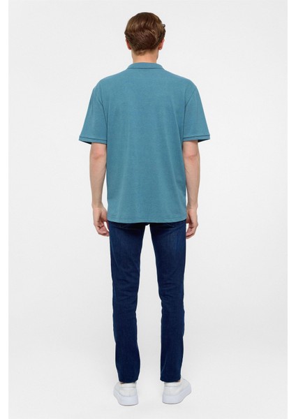 Saks Mavi Regular Armürlü Polo Yaka Tişört