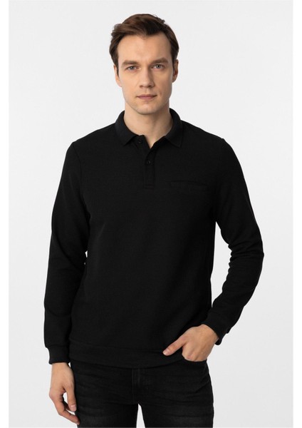 Siyah Regular Armürlü Polo Yaka Triko