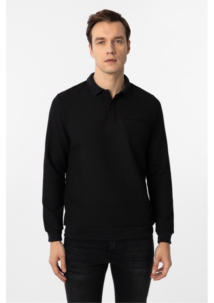 Siyah Regular Armürlü Polo Yaka Triko