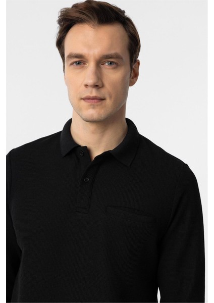 Siyah Regular Armürlü Polo Yaka Triko