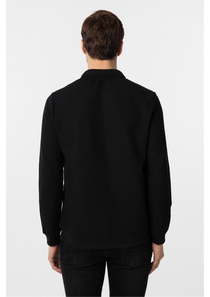 Siyah Regular Armürlü Polo Yaka Triko