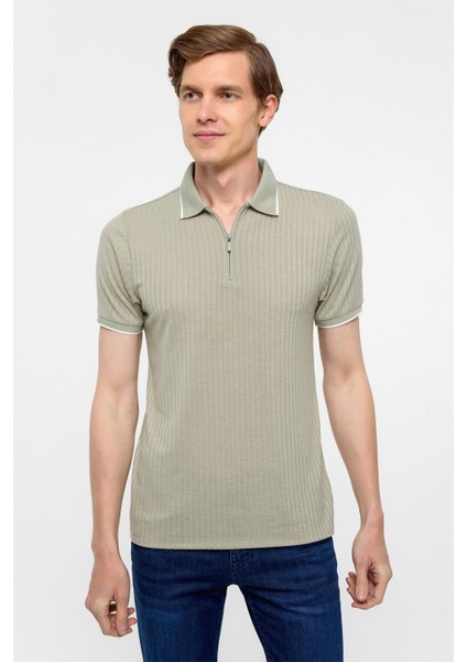 Haki Slim Fitilli Polo Yaka Tişört