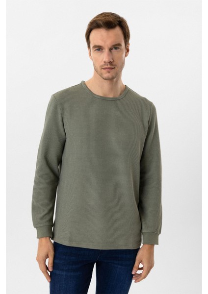 Yeşil Slim Fit Armürlü Bisiklet Yaka Triko Kazak