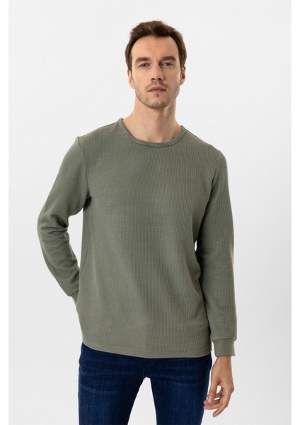 Yeşil Slim Fit Armürlü Bisiklet Yaka Triko Kazak