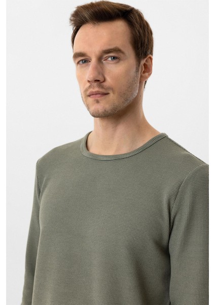 Yeşil Slim Fit Armürlü Bisiklet Yaka Triko Kazak