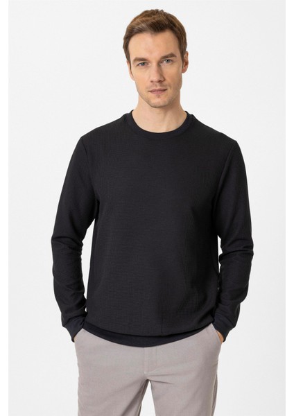 Siyah Regular Armürlü Bisiklet Yaka Triko