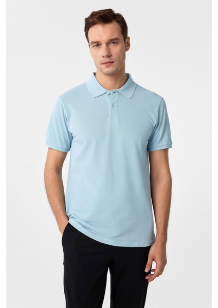 Buz Mavi Slim Fit Armürlü Polo Yaka Tişört