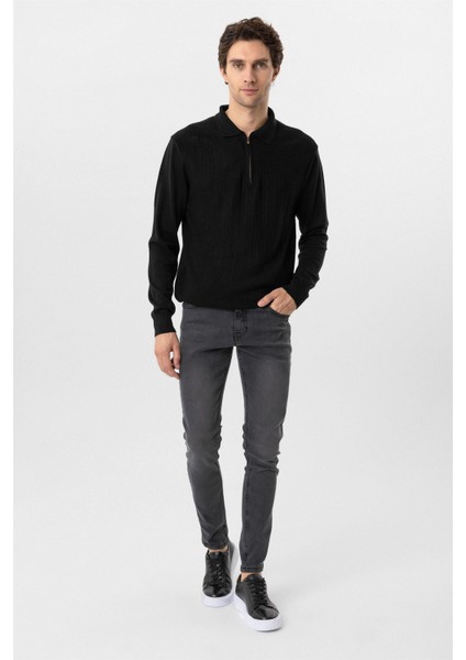 Siyah Regular Armürlü Polo Yaka Triko modelleri
