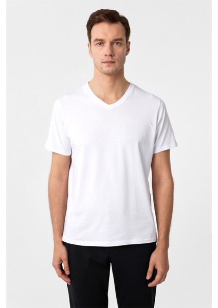 Beyaz Slim Fit Düz V Yaka Tişört