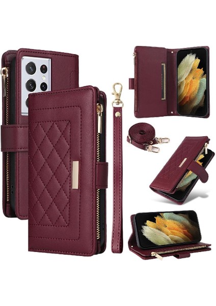 Samsung Galaxy S21 Ultra Kayış Darbeye Cüzdan Kart Yuvaları Için Flip Case (Yurt Dışından)
