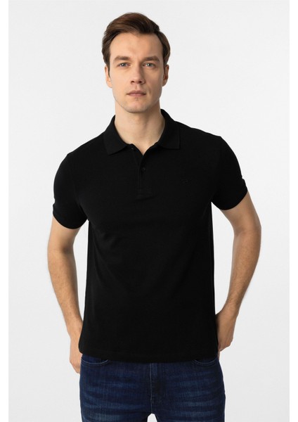 Siyah Slim Fit Düz Polo Yaka Tişört
