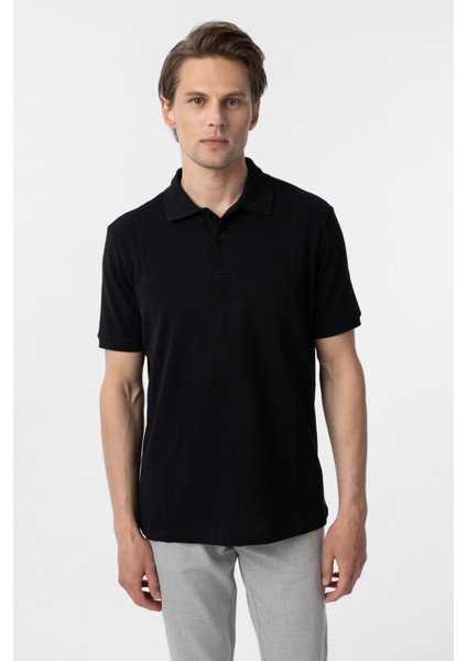 Siyah Regular Düz Polo Yaka Tişört