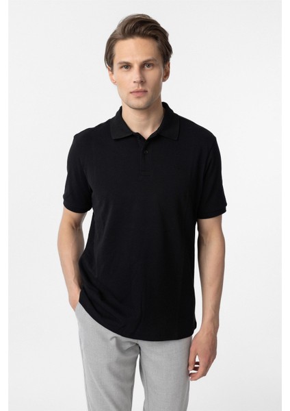 Siyah Regular Düz Polo Yaka Tişört