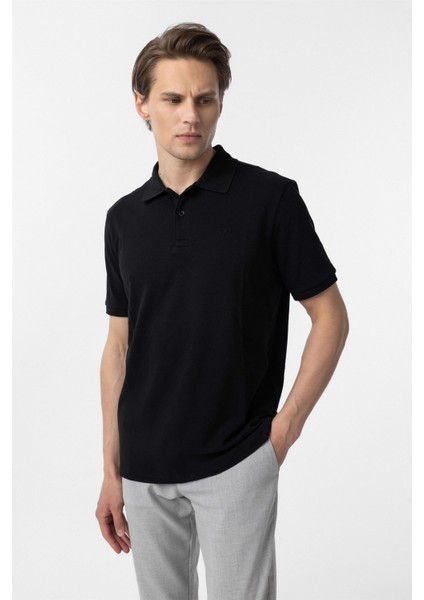 Siyah Regular Düz Polo Yaka Tişört