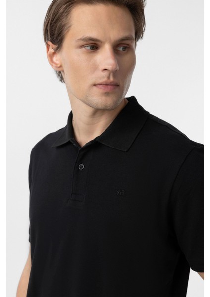 Siyah Regular Düz Polo Yaka Tişört