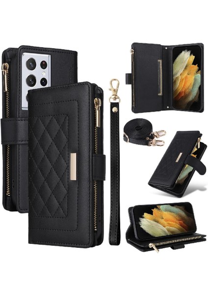 Samsung Galaxy S21 Ultra Kayış Darbeye Cüzdan Kart Yuvaları Için Flip Case (Yurt Dışından)